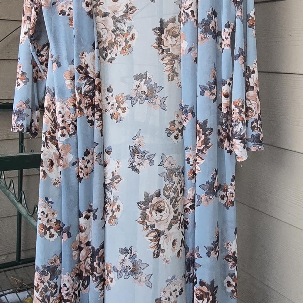 Tiffany & Grey Floral Sheer Kimono Cardigan – Light Blue & Pink – 3/4 Sleeve